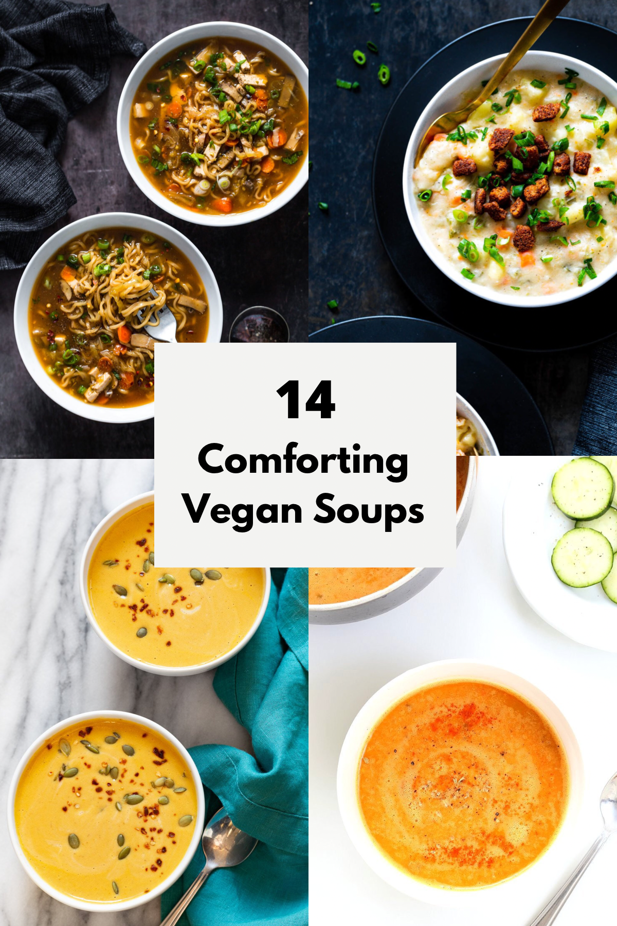 picture collage of comforting vegan soups
