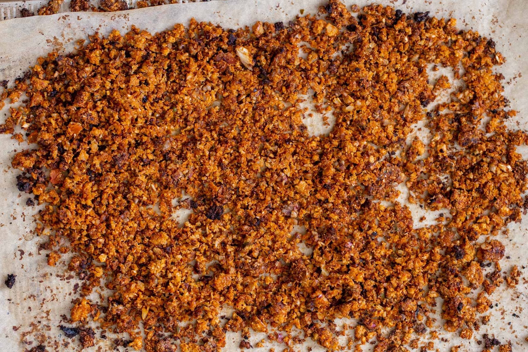 baked vegan cauliflower taco meat on a baking sheet