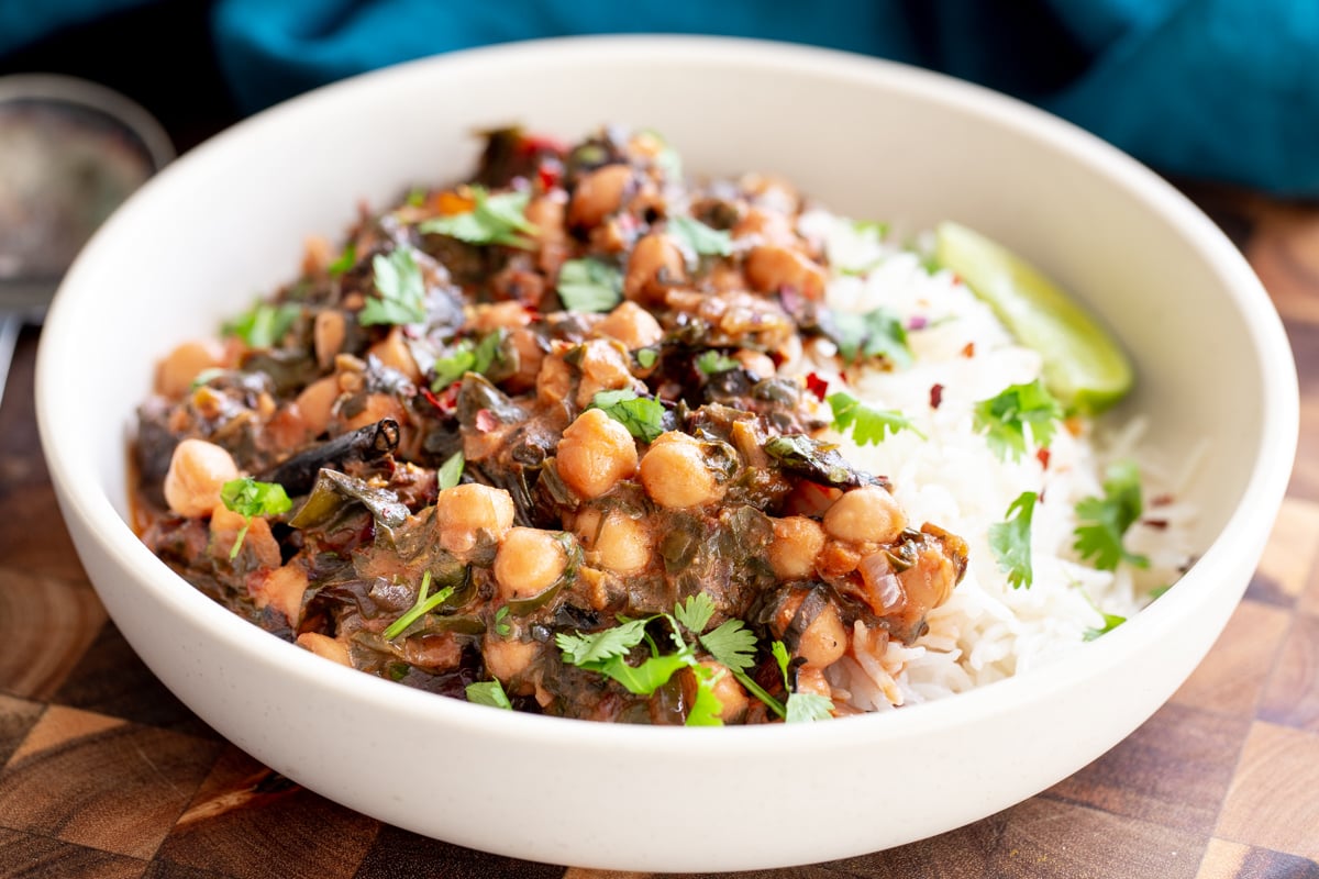 vegan Indian spinach chickpea curry served with rice