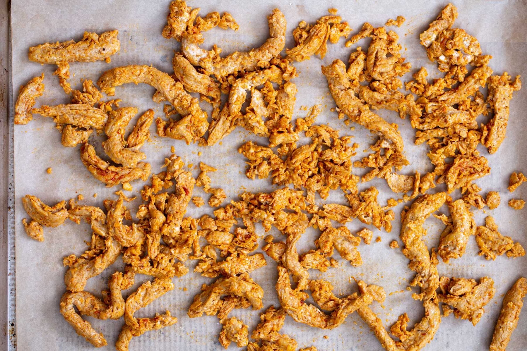 marinated soy curl on a baking sheet