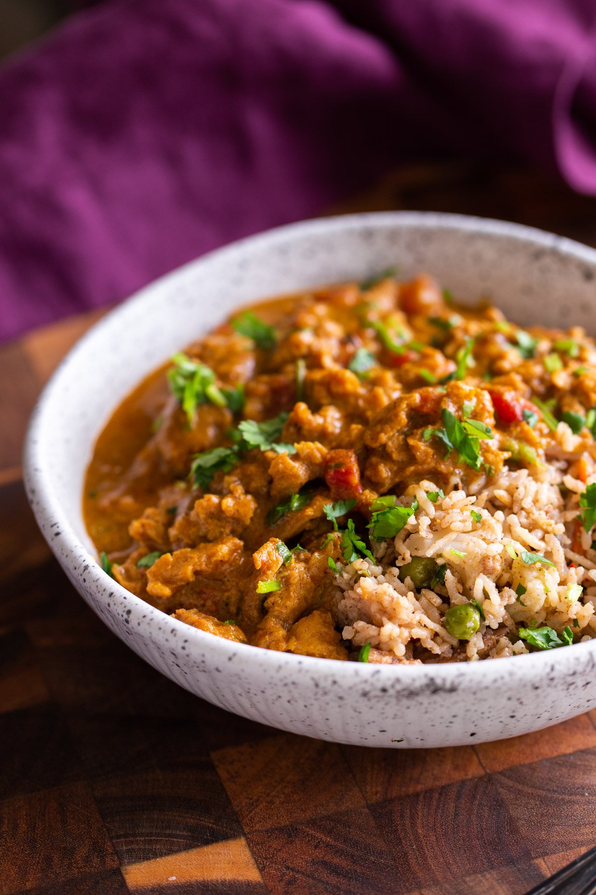 Vegan Instant Pot Soy curl Curry a serving of Instant Pot soycurl curry served over rice