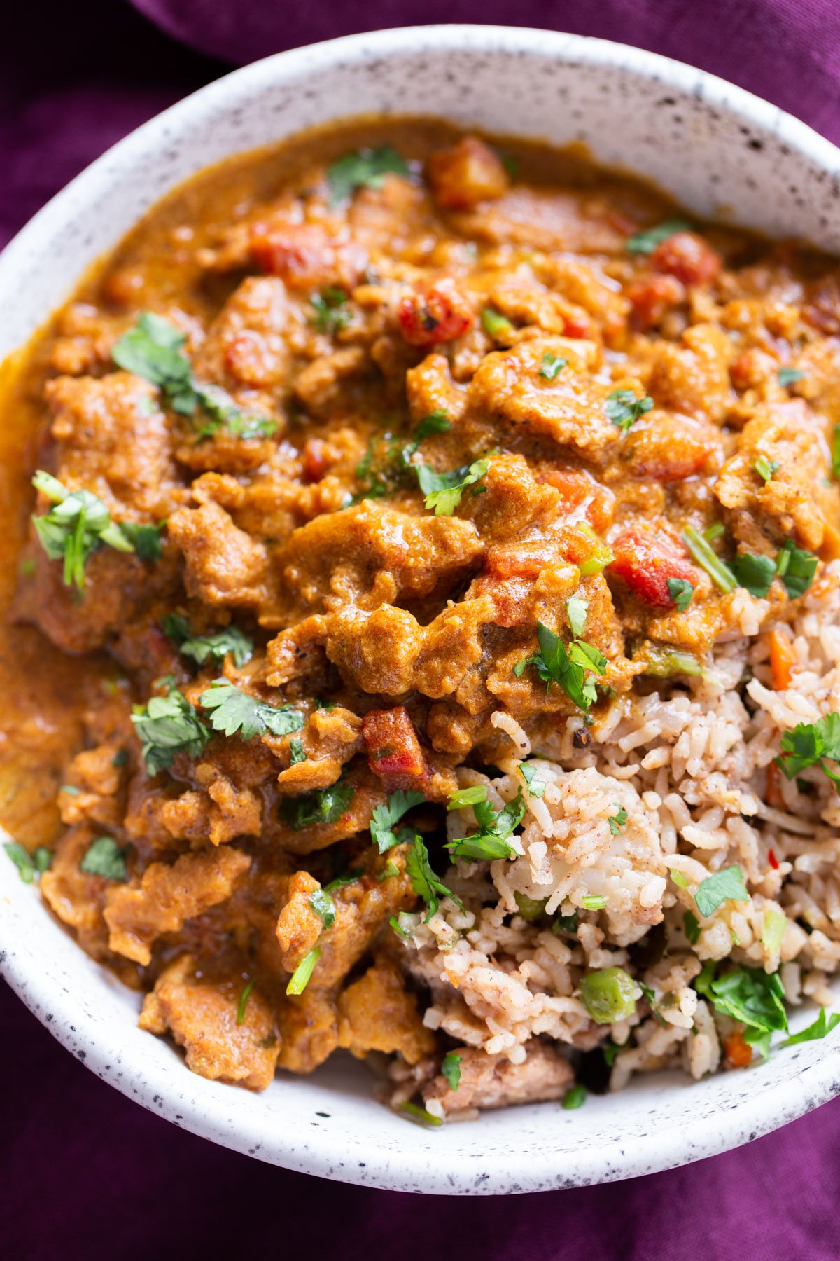 Instant Pot vegan coconut chicken Curry served with brown rice