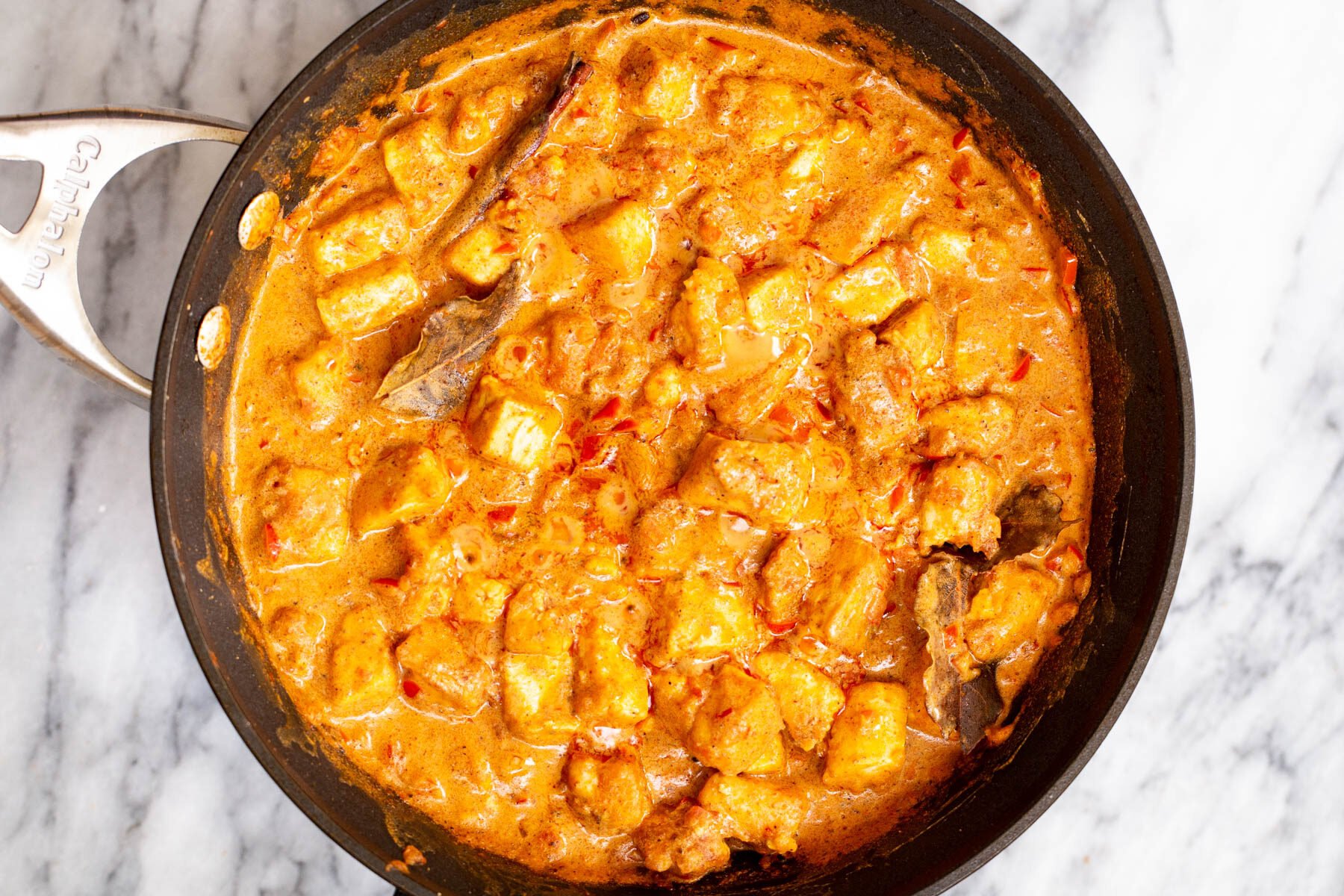 vegan tofu rogan josh in a sauteeing pan 