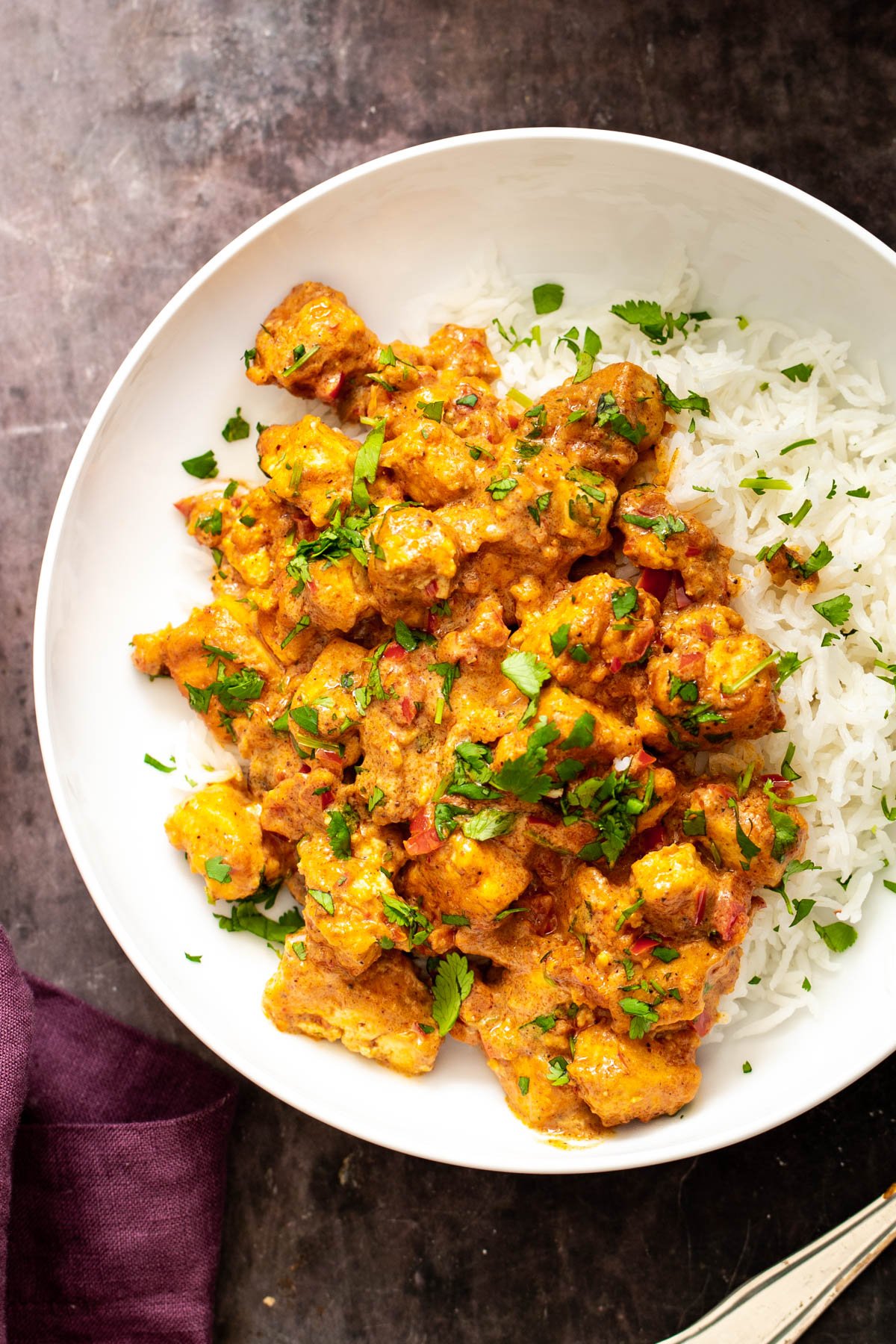 vegan rogan josh served with rice
