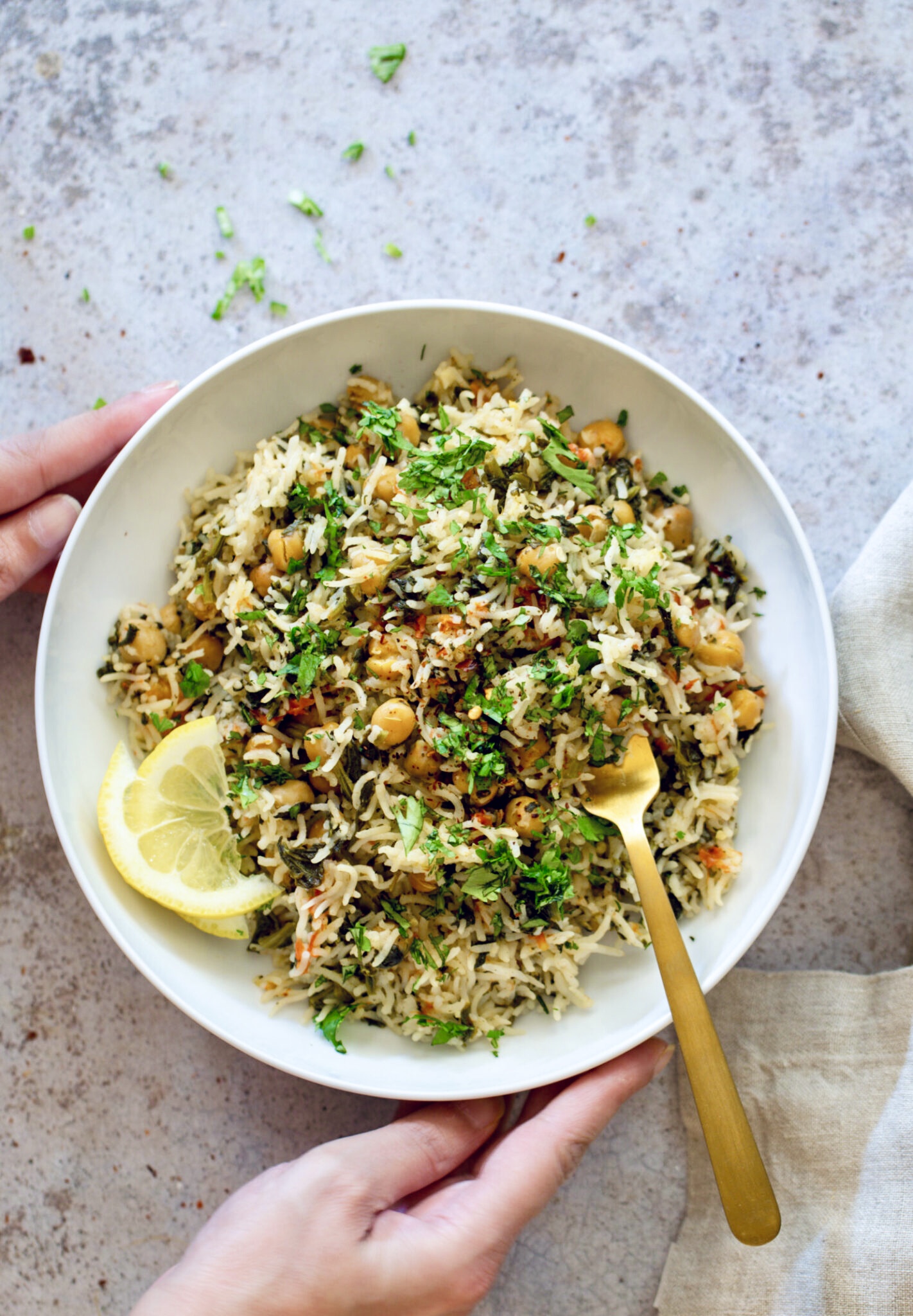 Instant Pot Spinach Rice in a white plate
