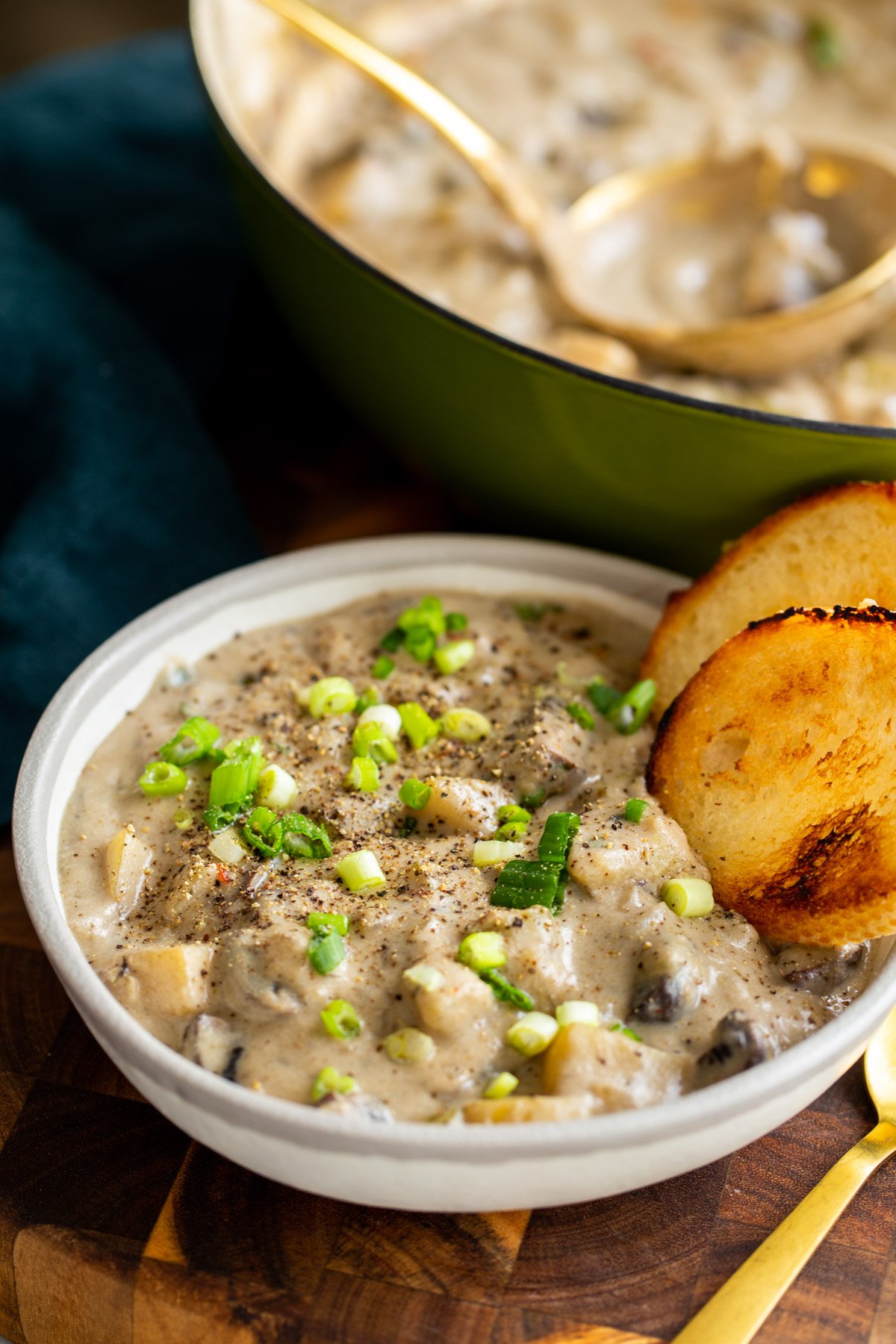 a plate of vegan mushroom chowder sprinkled with chopped spring onions