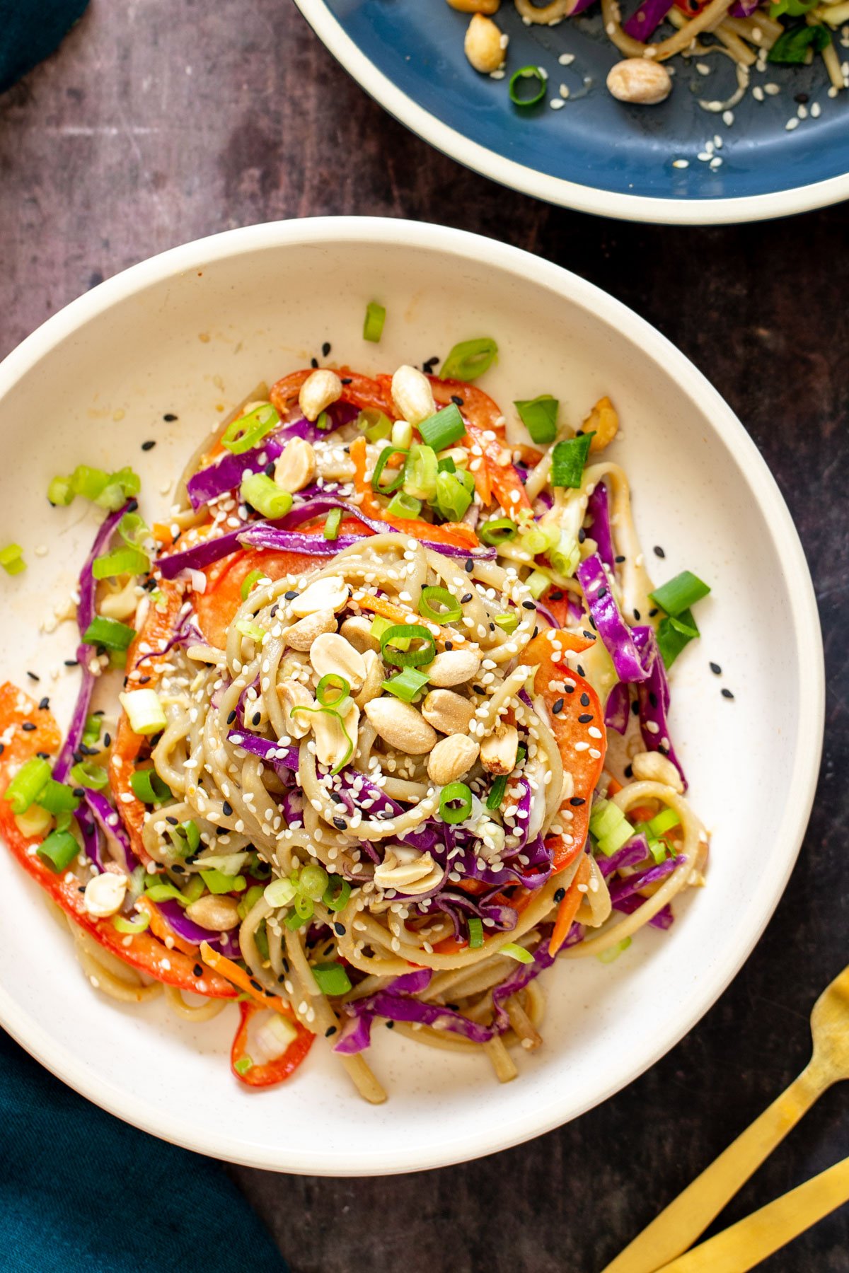 un plato con sesame noodle salad with peanut dressing