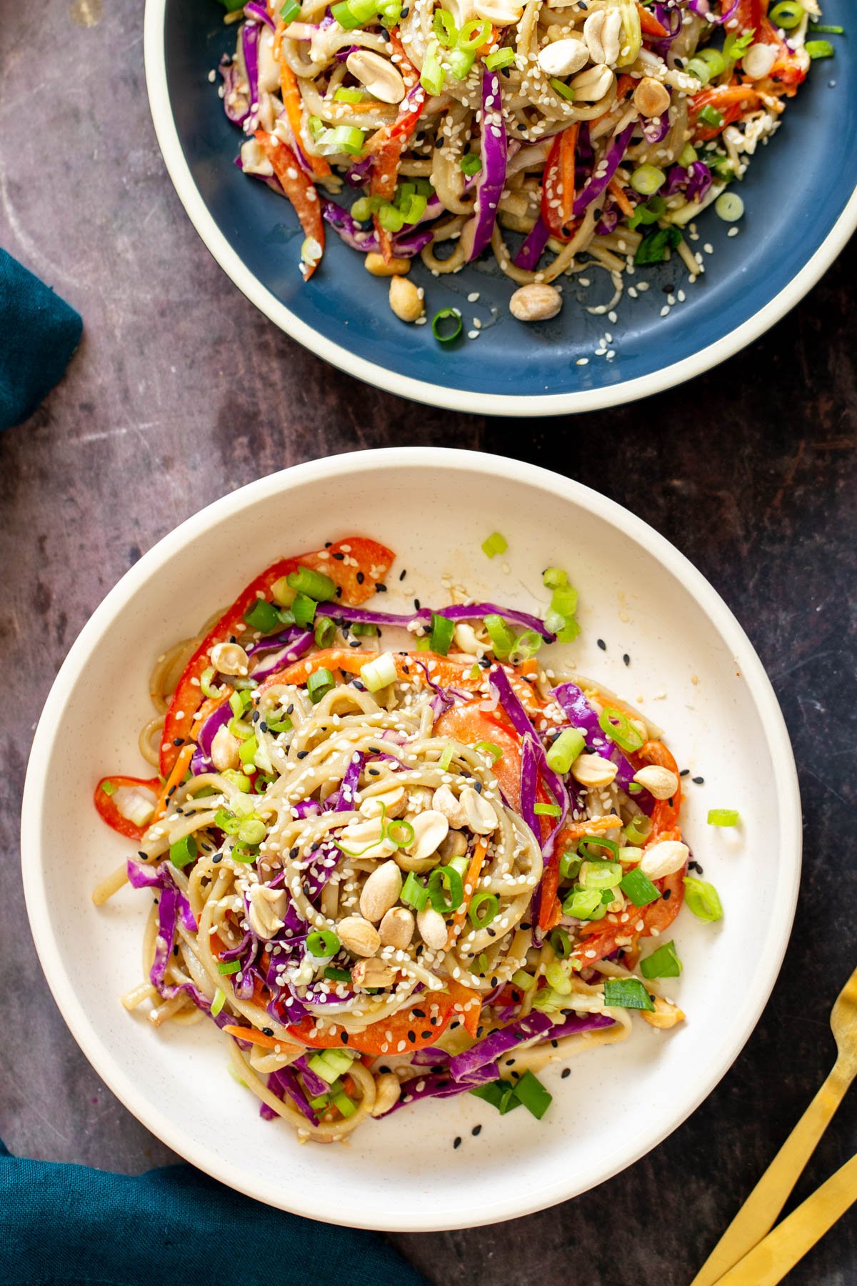 sesame noodle salad with creamy peanut butter dressing sprinkled with peanuts and sesame seeds