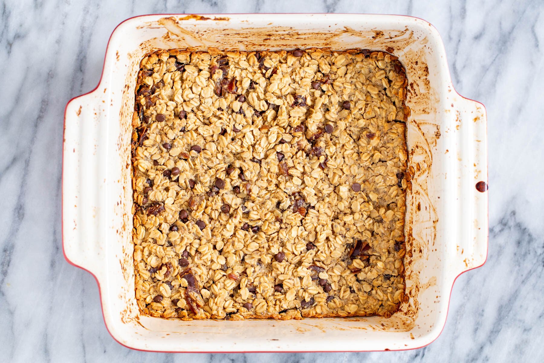 a casserole dish with peanut butter baked oatmeal