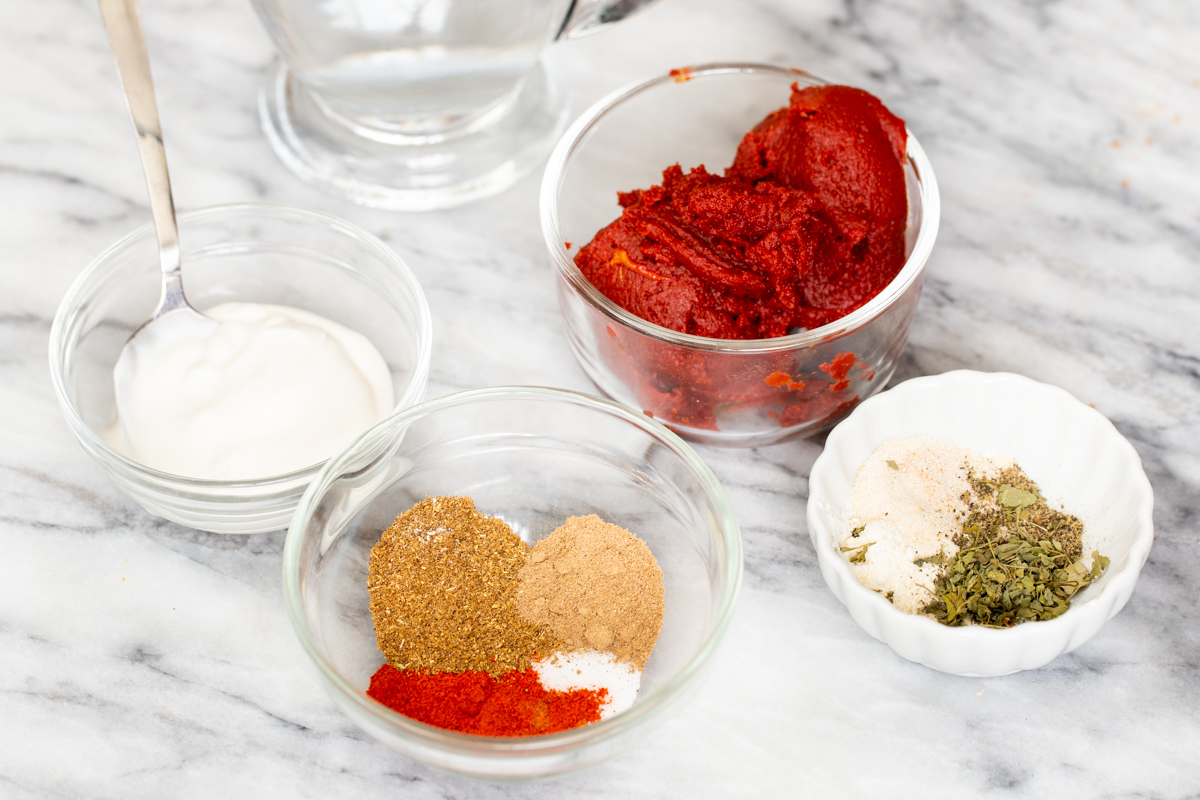 ingredients for vegan birria on marble countertop