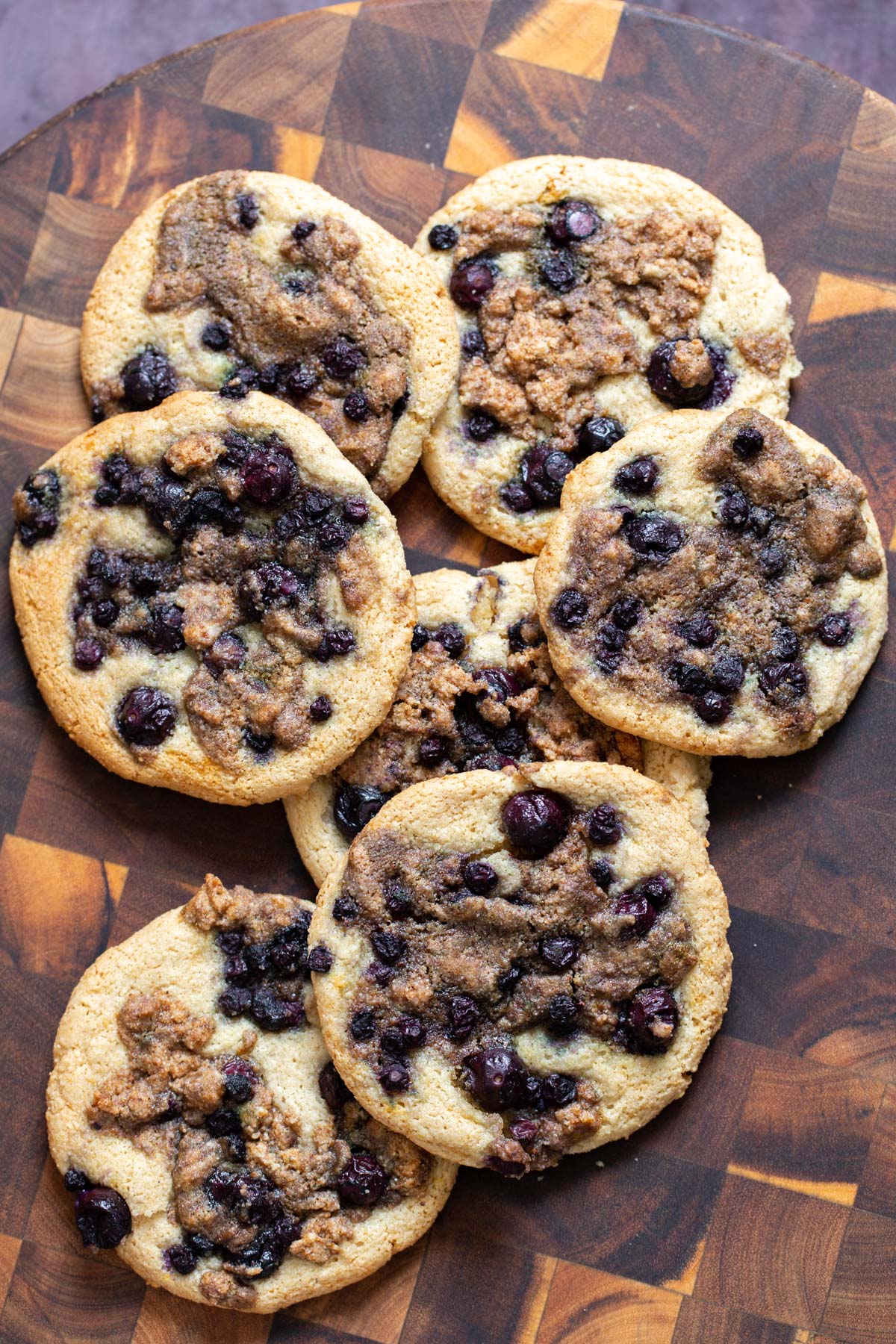 vegan blueberry muffin cookies on a chopping board