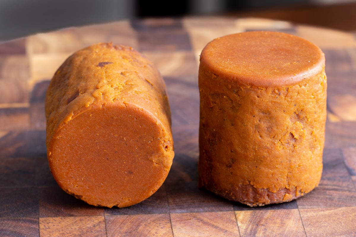 vegan pepperoni sausage made in an Instant Pot on a chopping board