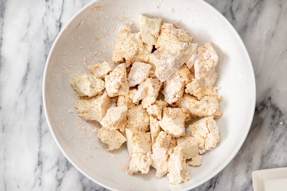torn up firm tofu coated with spices and cornstarch