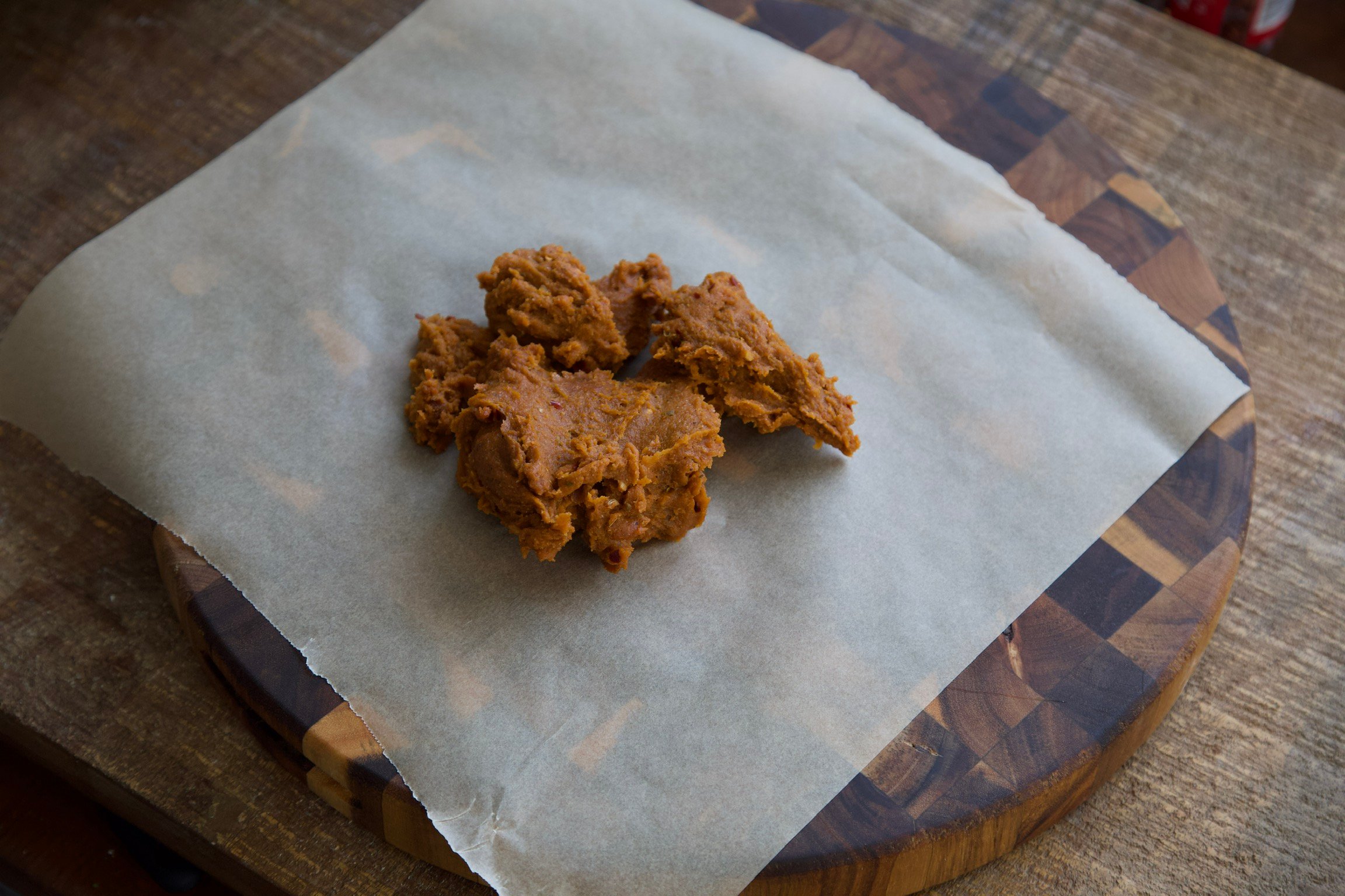 vegan pepperoni mixture on parchment