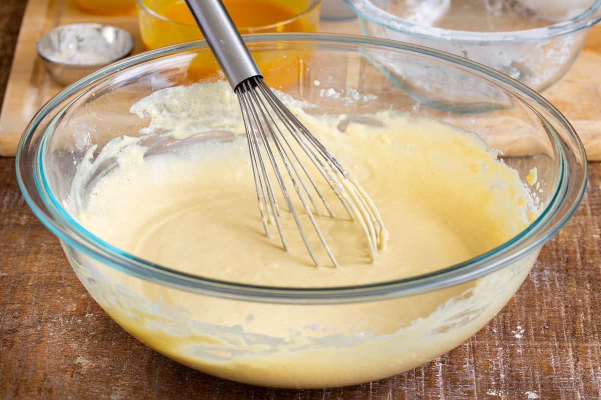 vegan cake batter in a glass bowl