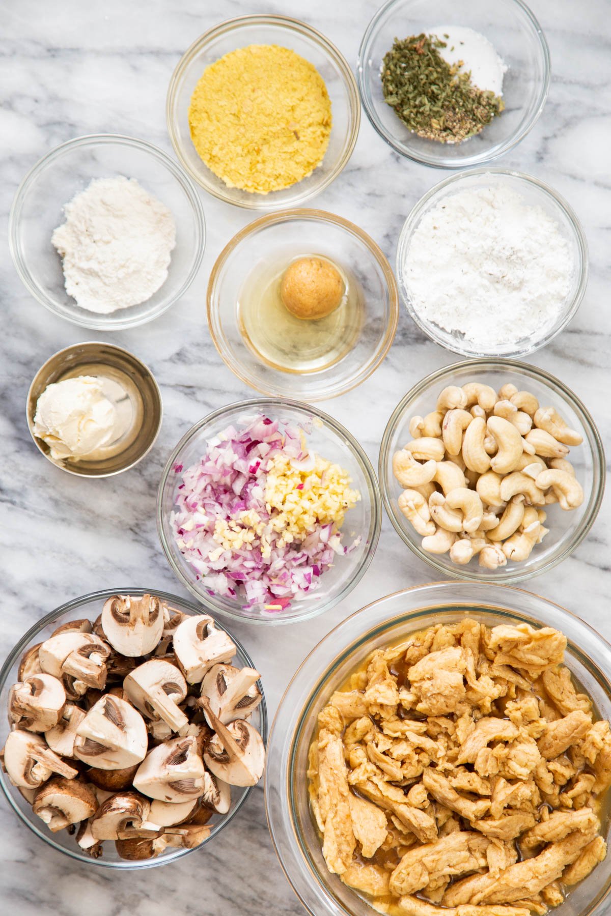 ingredients needed for making soycurl florentine on a marble counter
