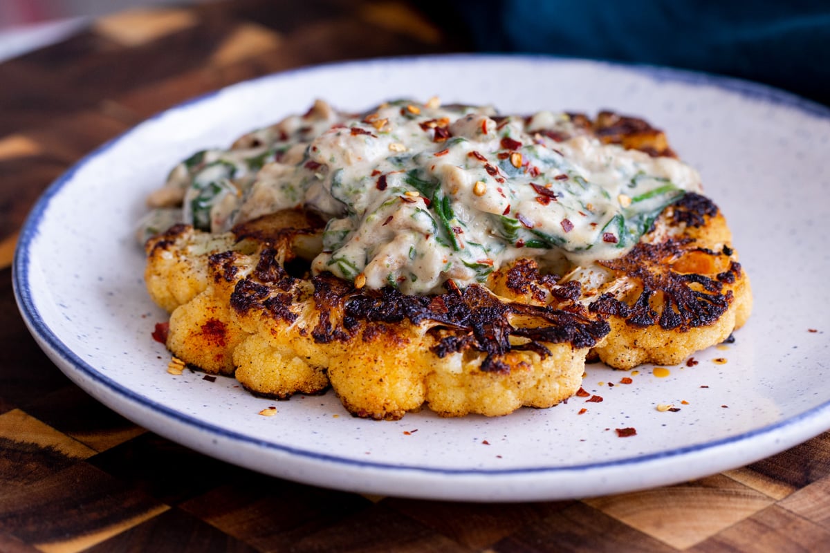 soycurl florentine served on a cauliflower steak