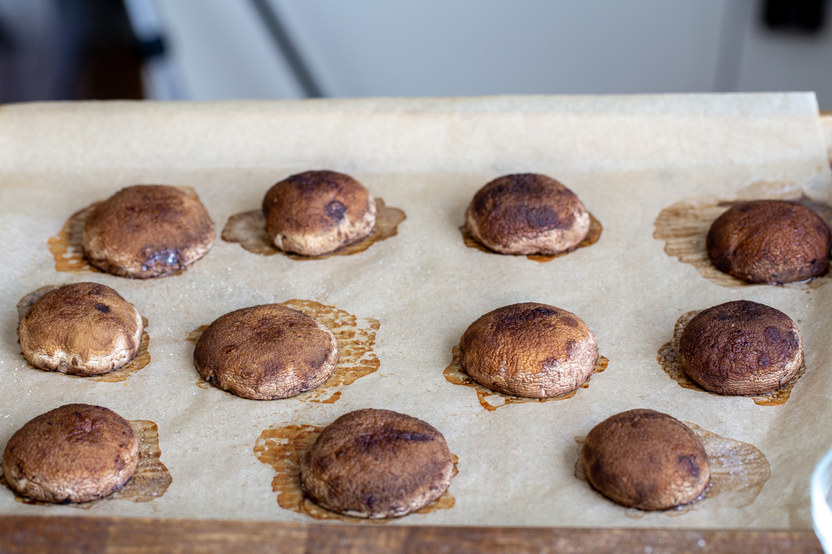 baked vegan mushrooms on a baking sheet