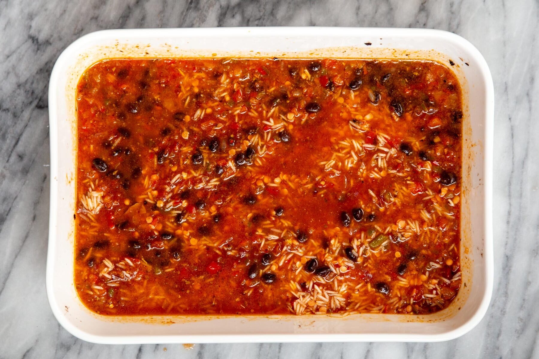 Tex Mex Rice Casserole ready for baking
