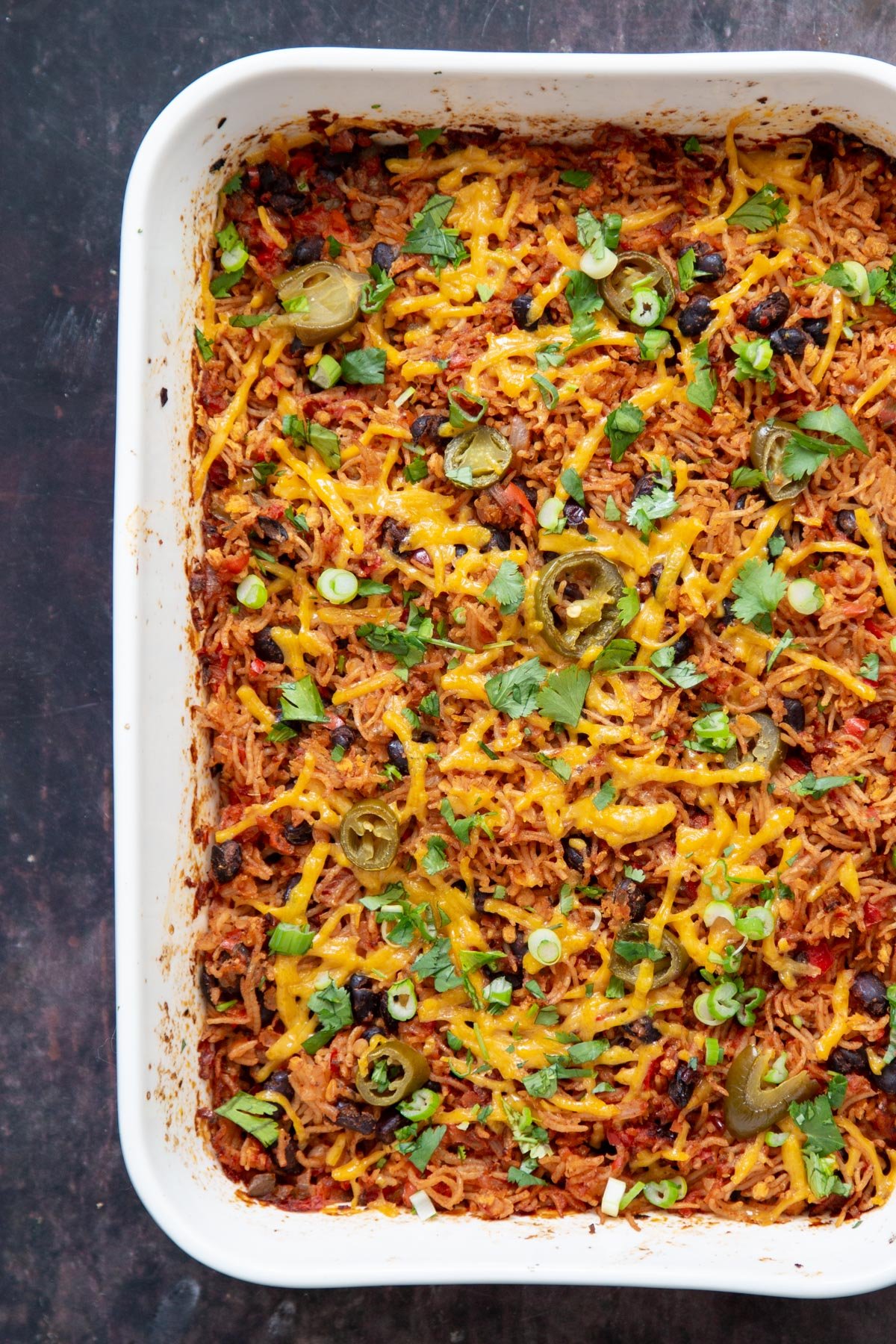 overhead shot of a simple Vegan Tex Mex Rice Casserole