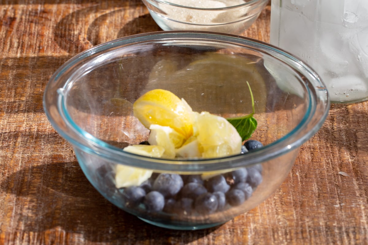 fresh blueberries and lemon slices in a small glass bowl