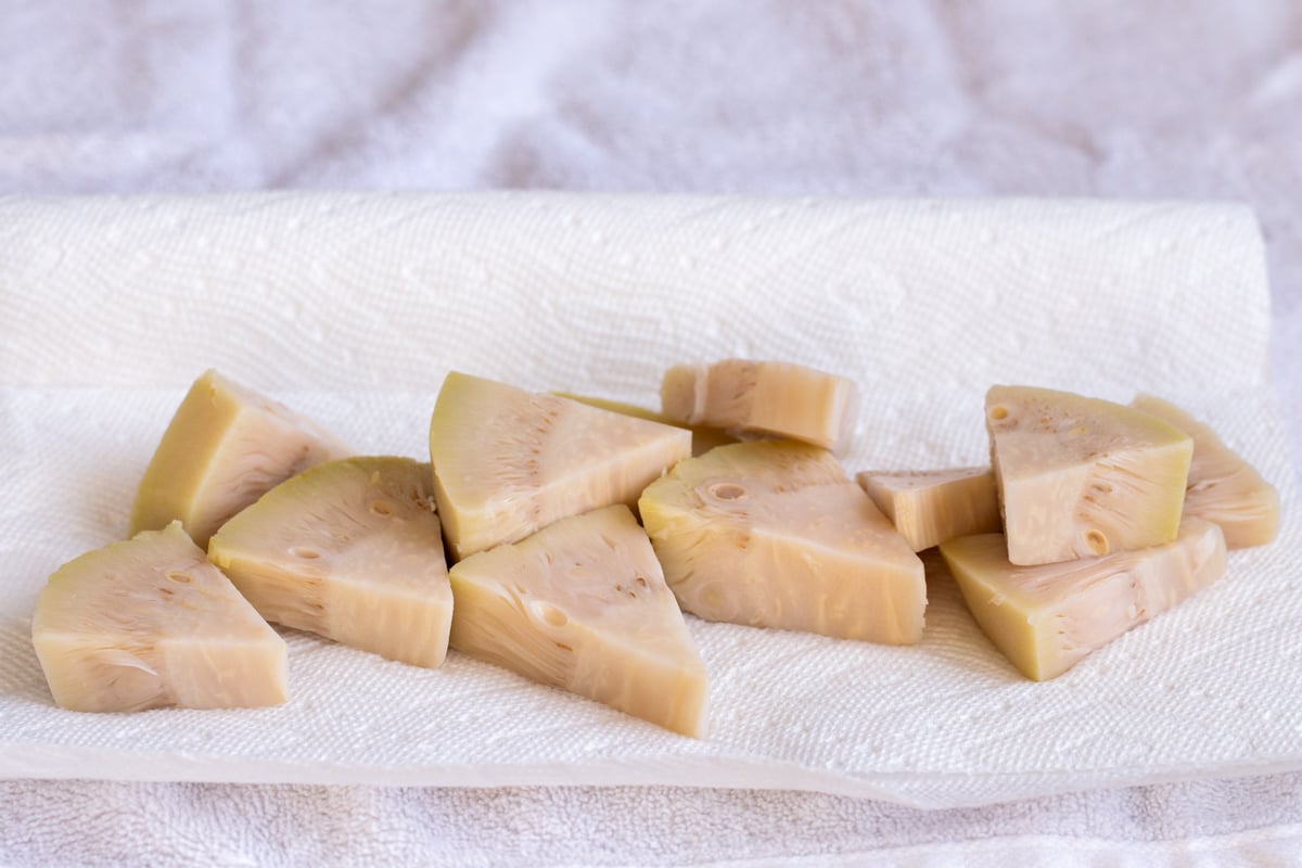canned jackfruit on a sheet of paper towels