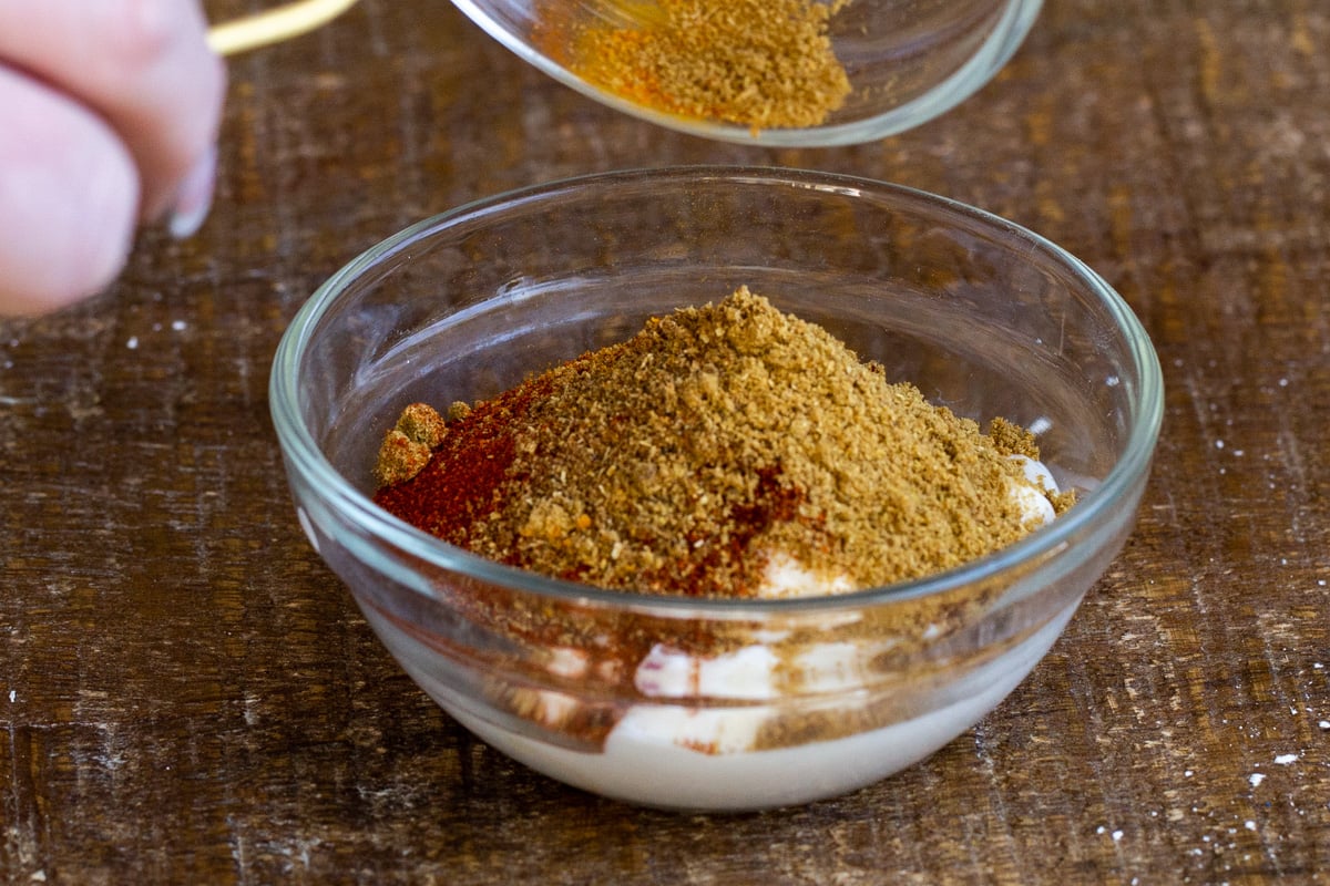 spice mix for vegan jackfruit korma in a small glass bowl
