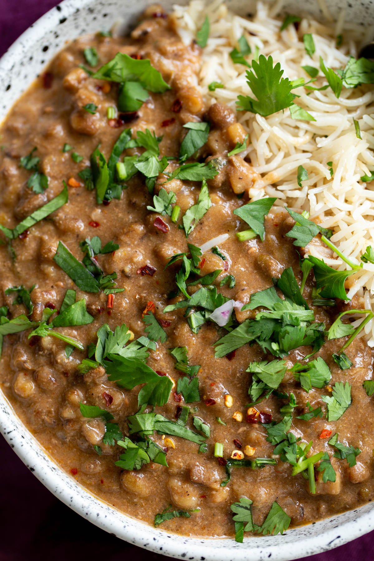 Indian Sabut Moong Dal served sprinkled with chopped herbs with a side of rice