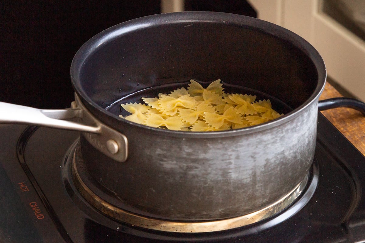 farfalle pasta in a small pot