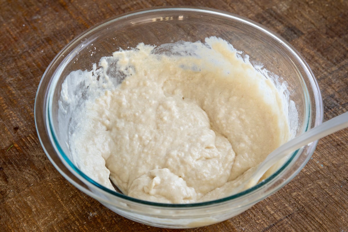 vegan cake batter in a glass bowl