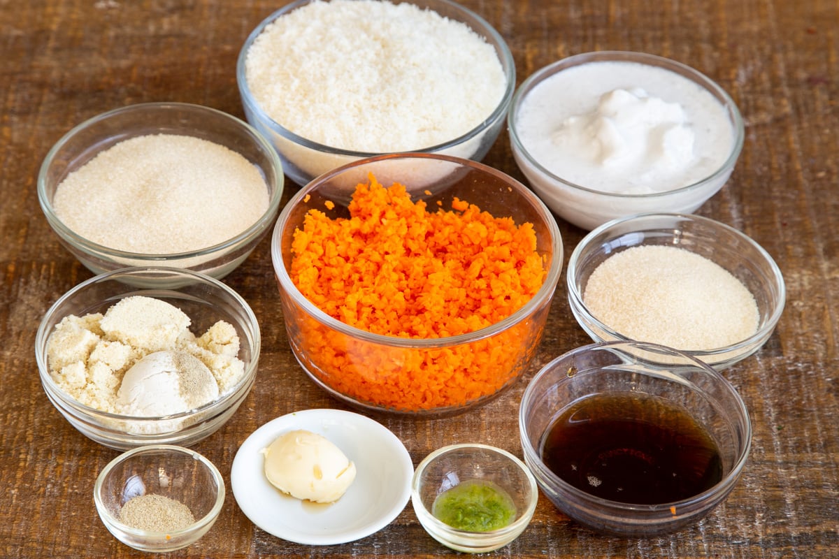 ingredients for making carrot halwa coconut burfi bars
