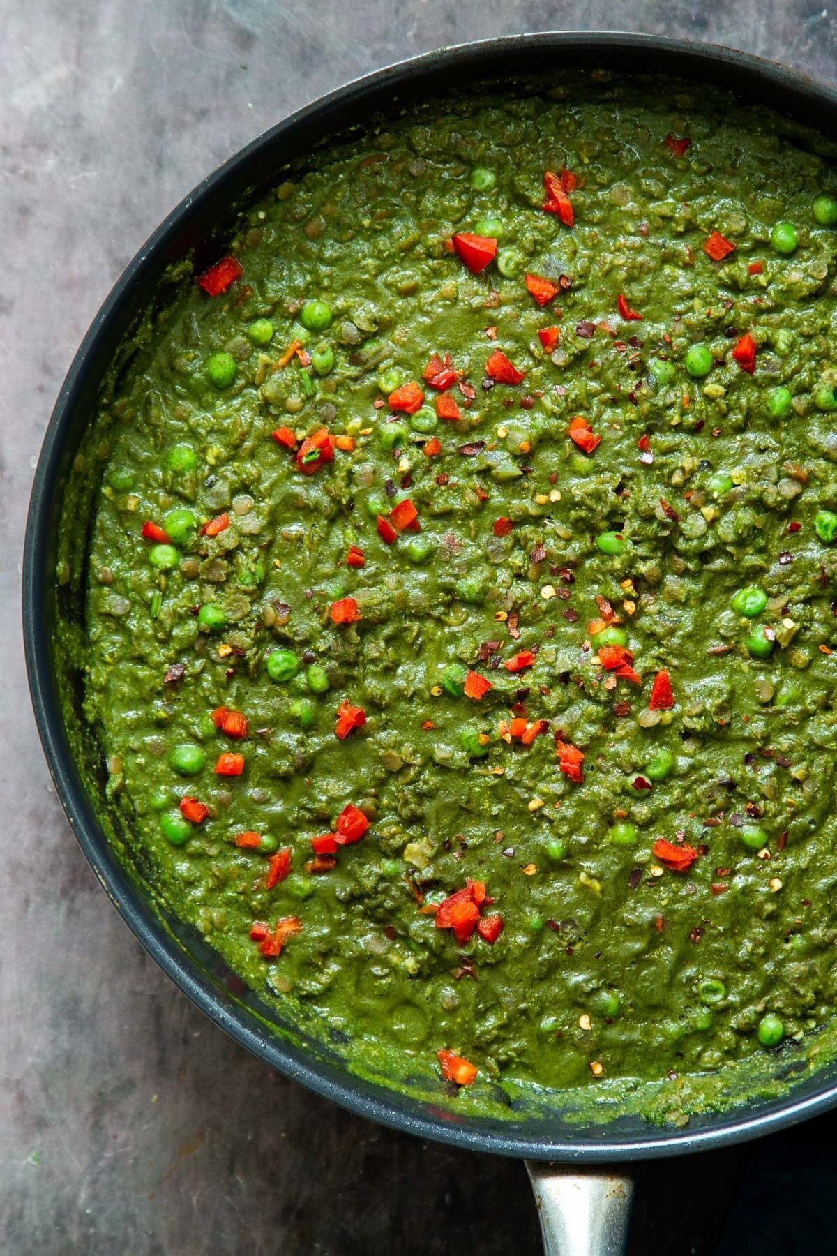 vegan green keema in a black skillet