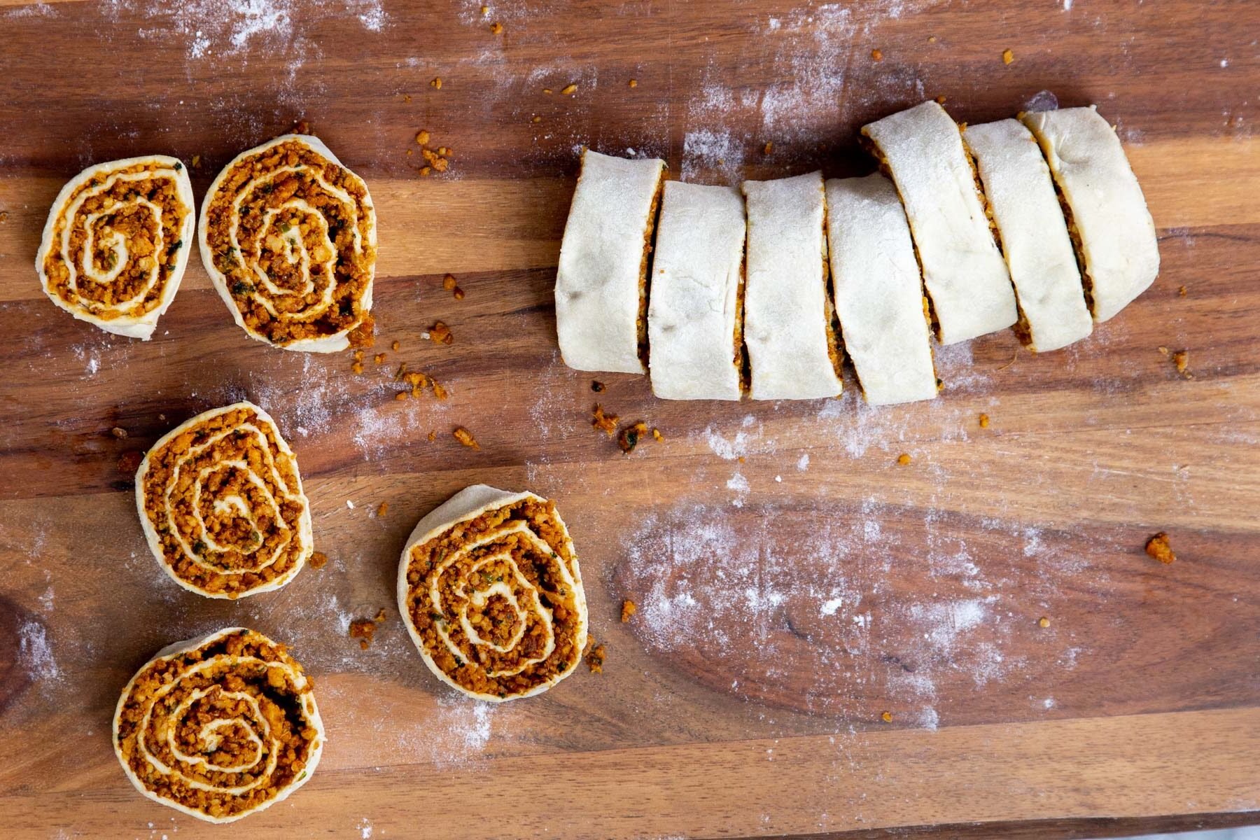 vegan pinwheels on a chopping board