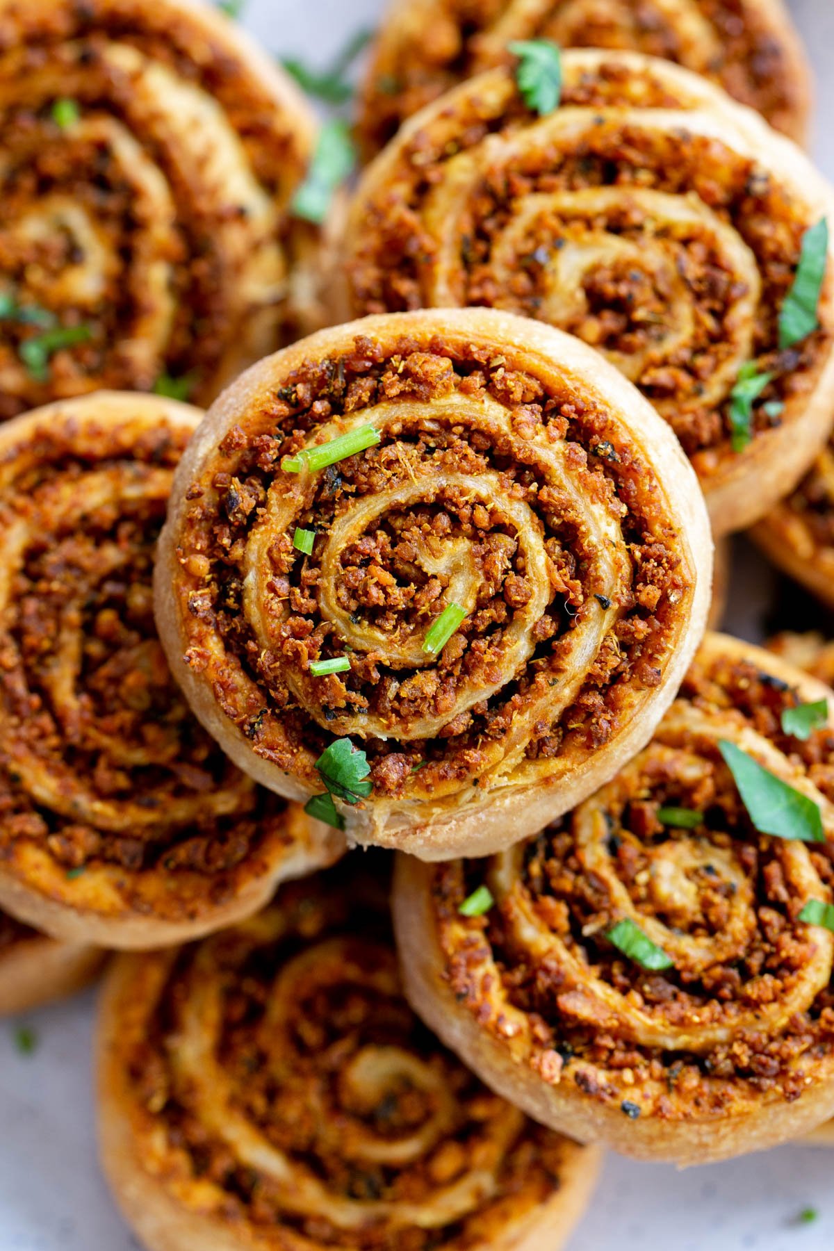 kachori pinwheels on a serving platter