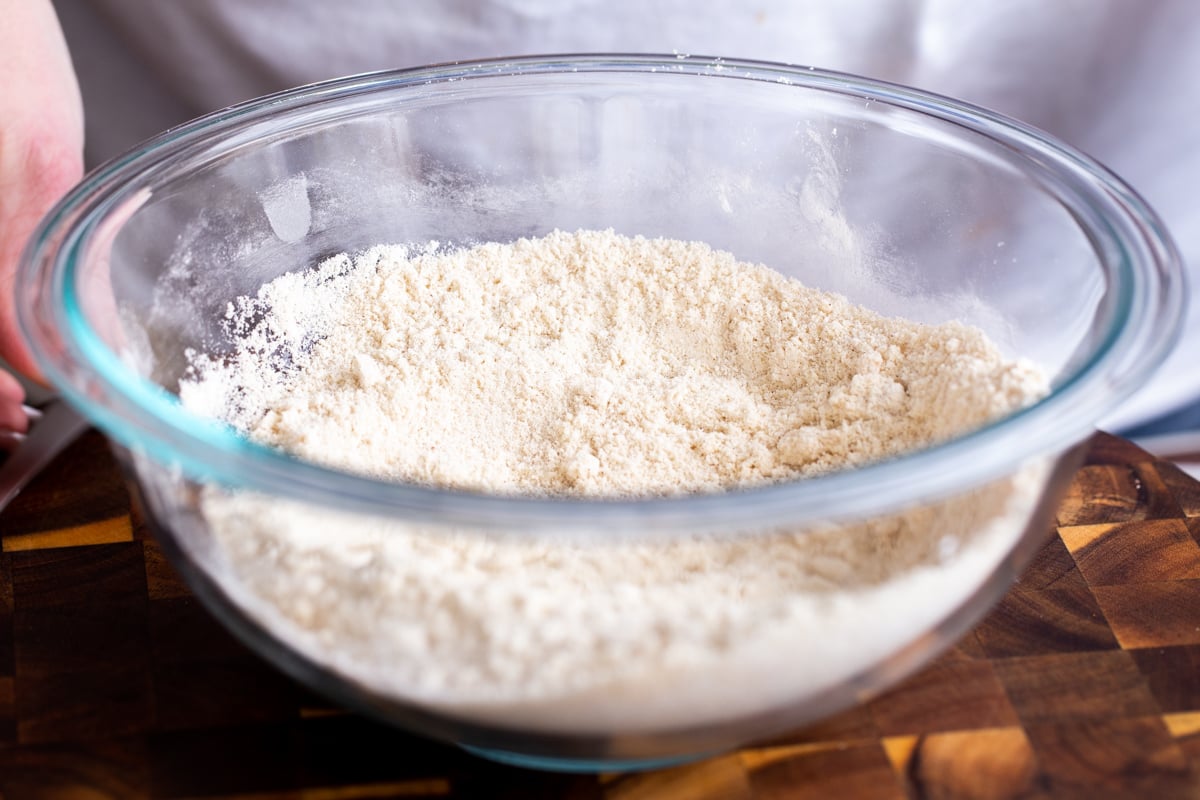 dry ingredients for snickers cookies in a glass bowl