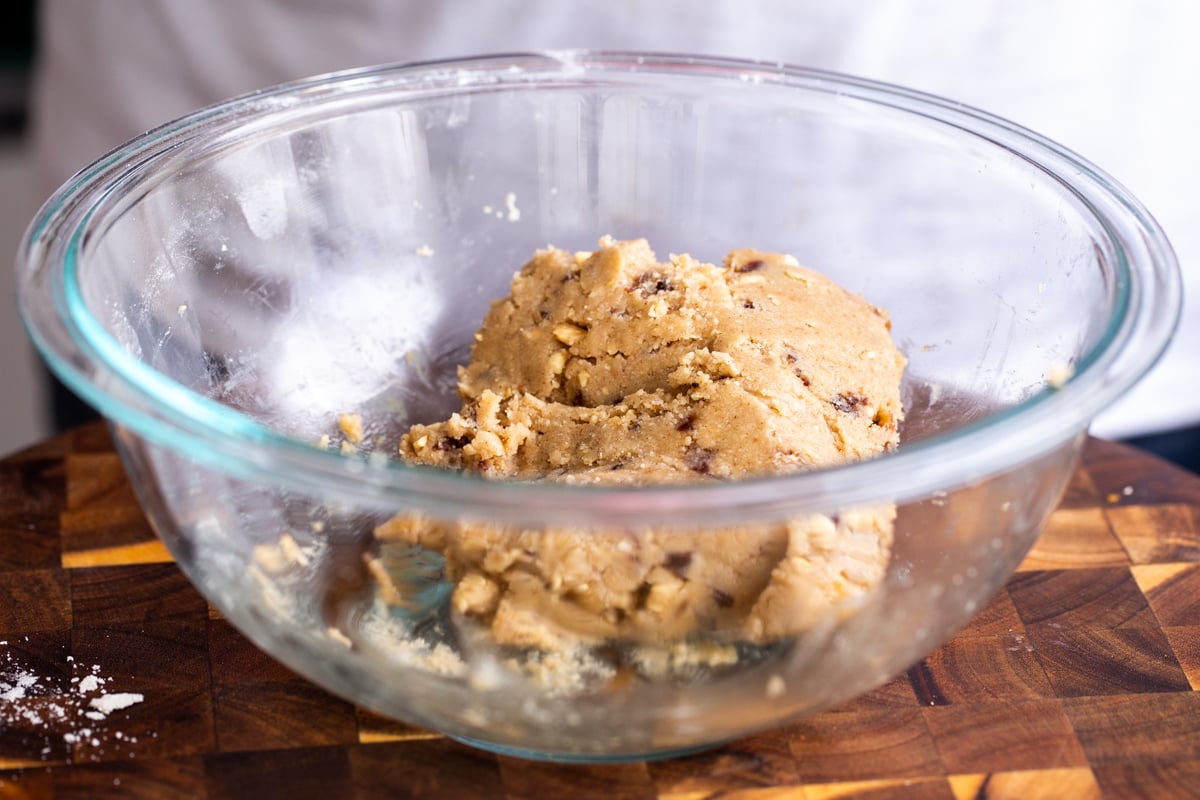 vegan snickers cookie dough in a glass bowl