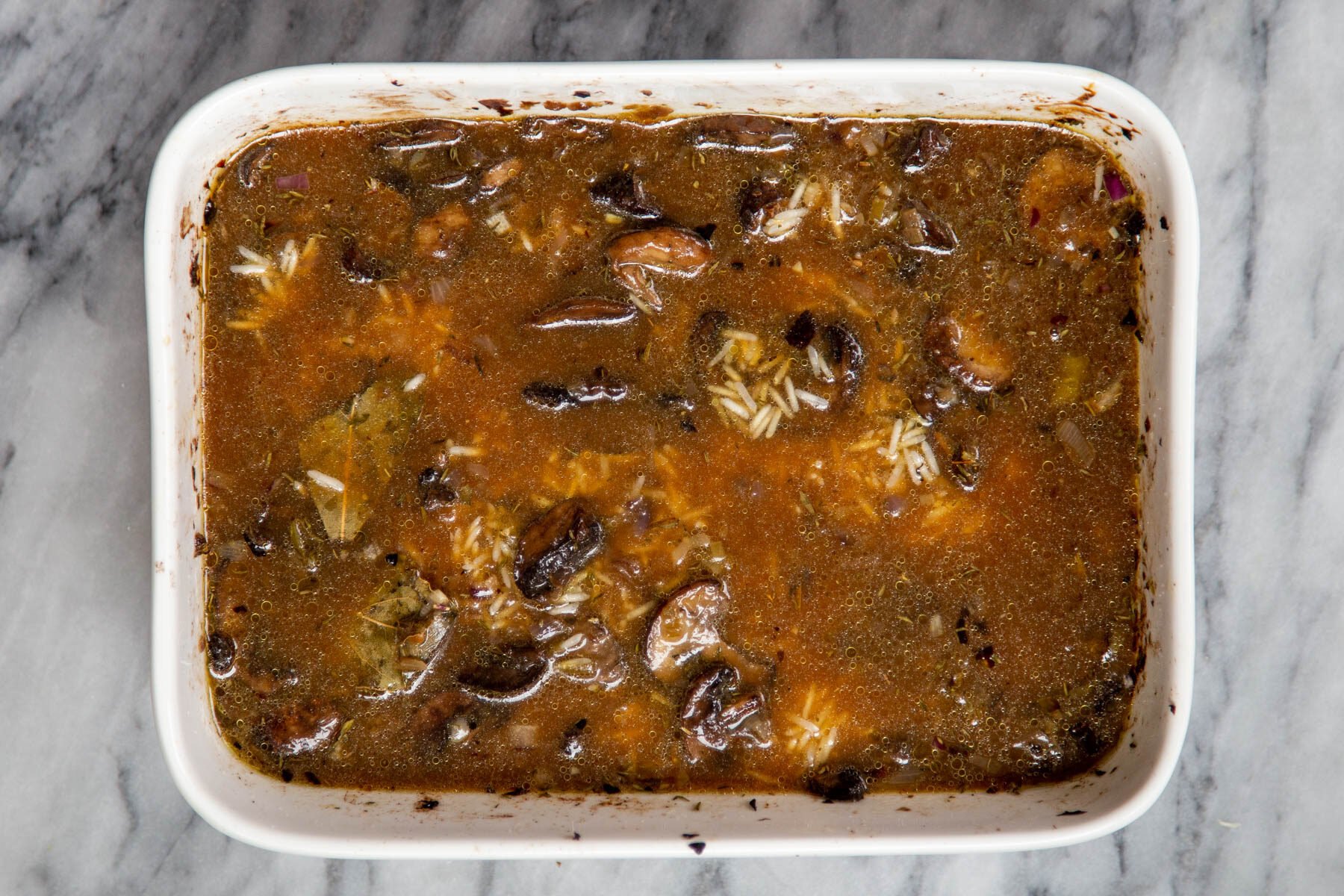 baked vegan mushroom rice casserole ready for baking