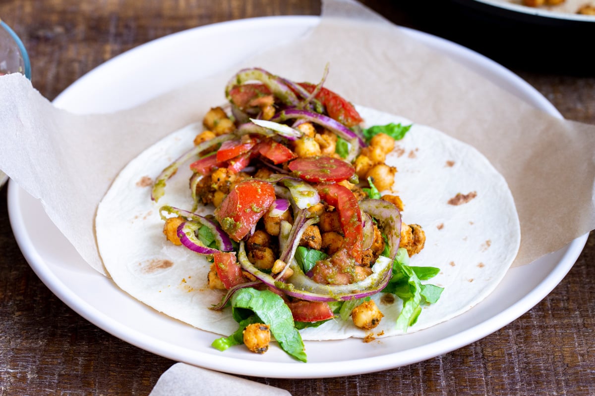 filled Indian chickpea kathi rolls ready to roll up