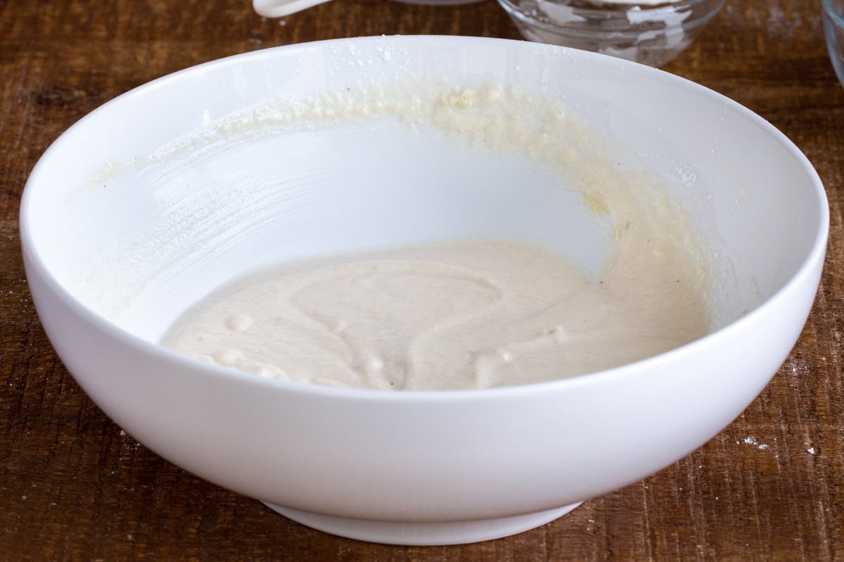 glutenfree vegan naan batter in a white bowl