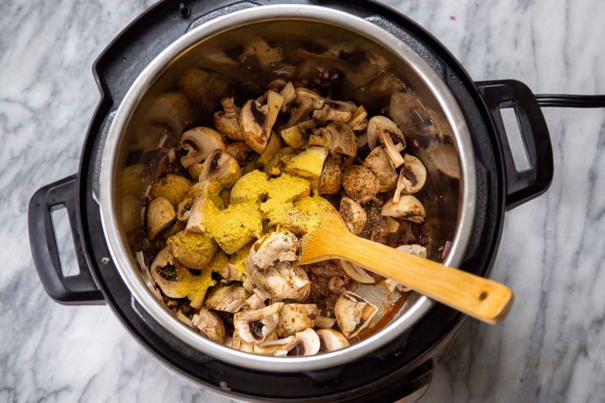 mushrooms and nutritional yeast in an Instant Pot