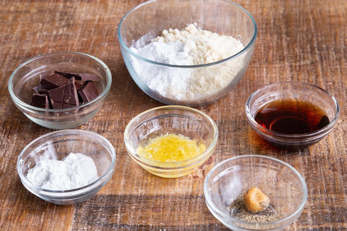 ingredients for almond flour chocolate chunk cookies with miso paste