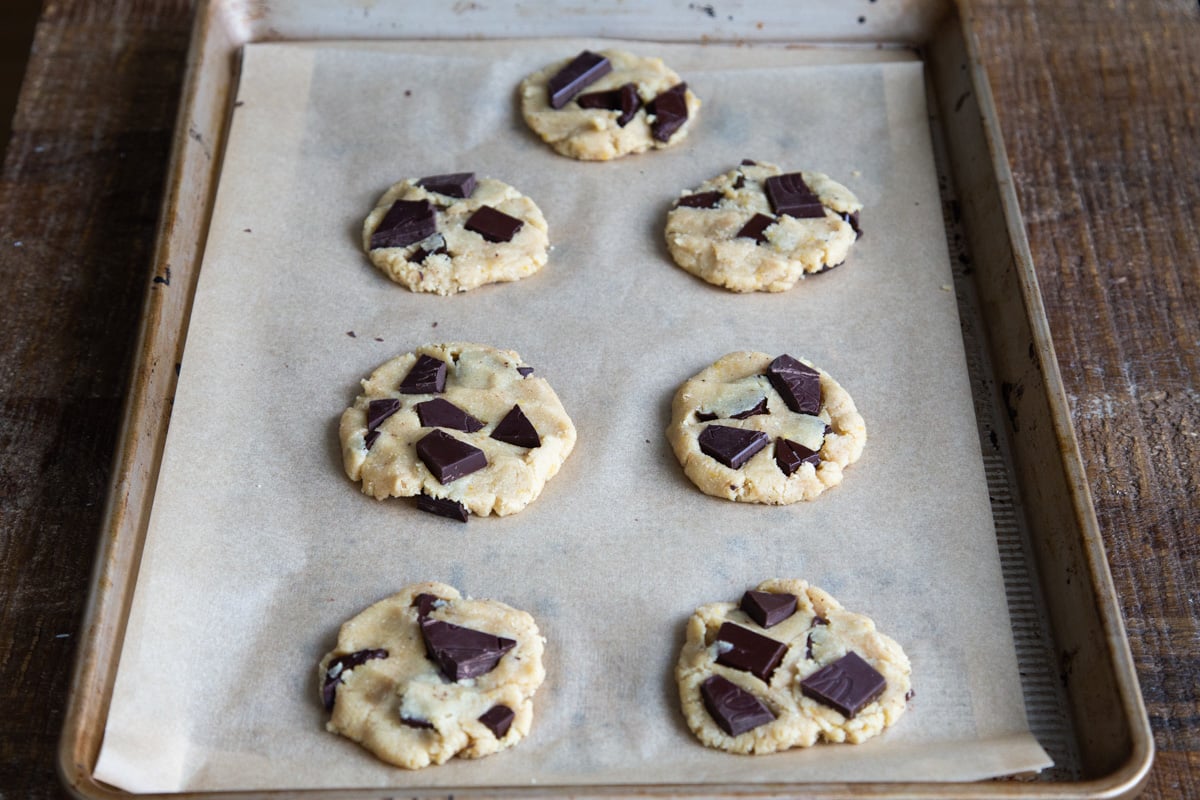 almond flour chocolate chunk cookies on a baking sheet