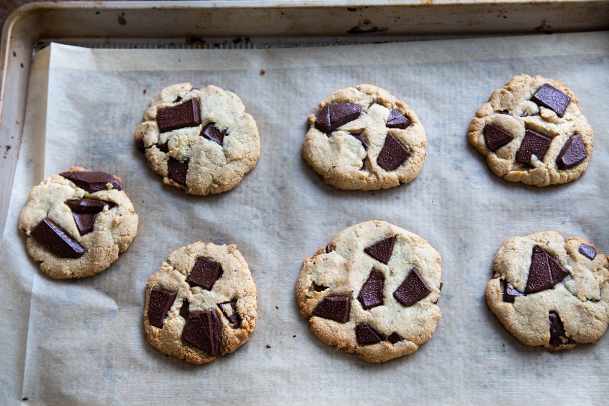 glutenfree almond flour miso chocolate chunk cookies on a baking sheet