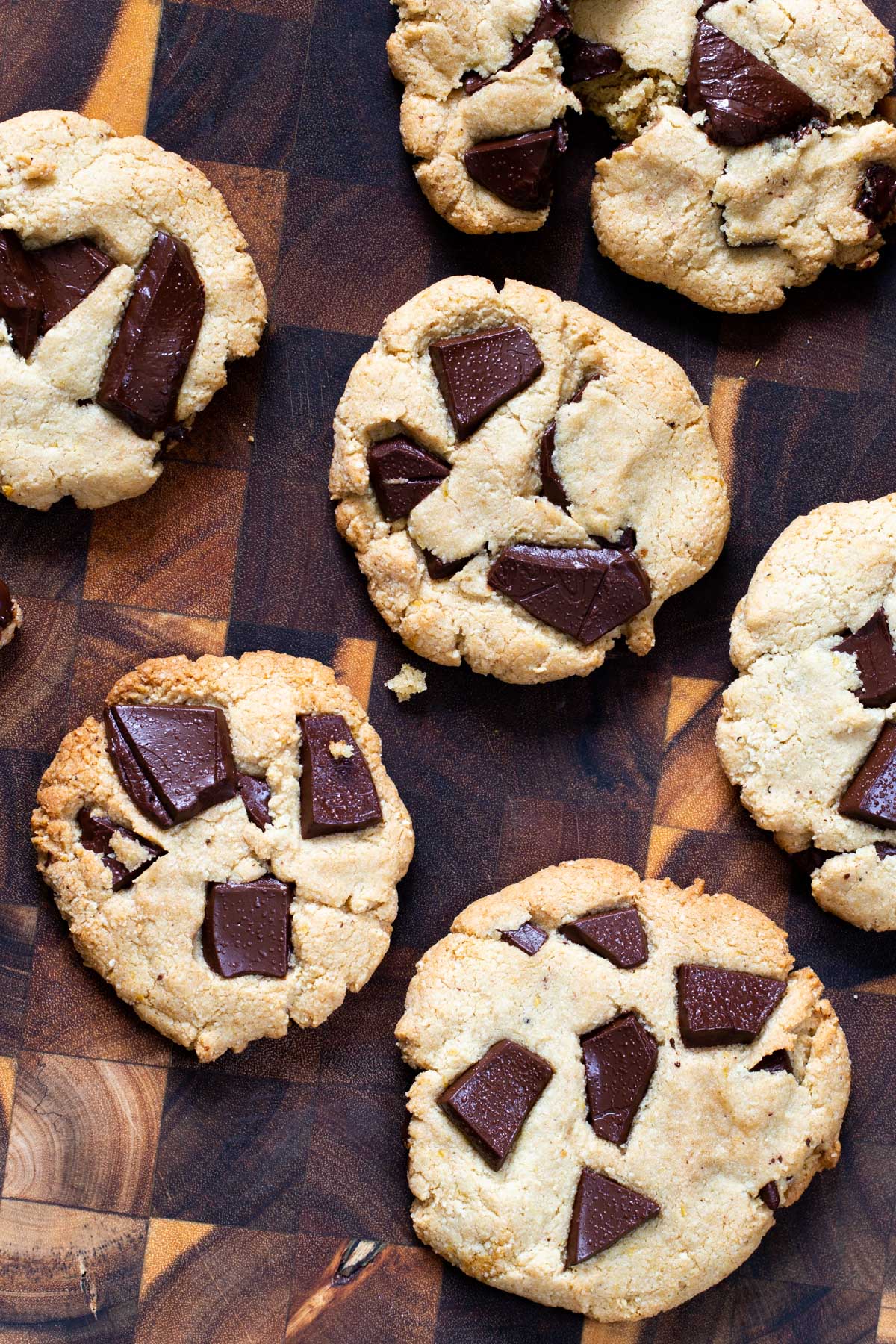 Miso Chocolate Chunk Cookies on a wooden chopping board