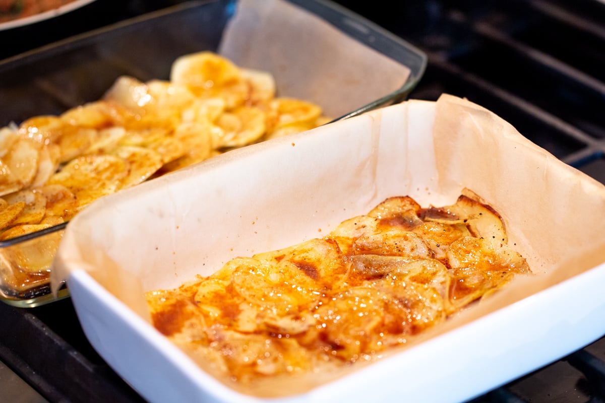 scalloped potatoes in two small casserole dishes