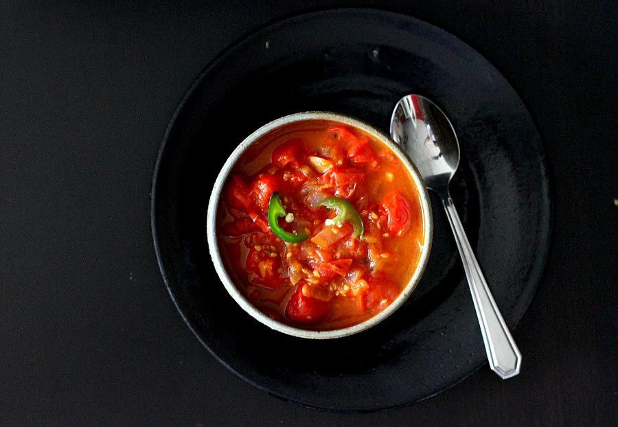 tomato chutney in a white bowl