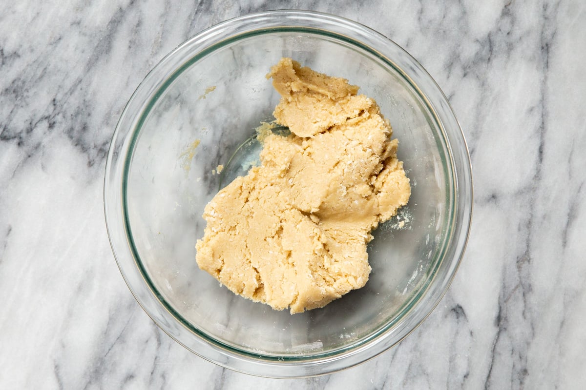 vegan almond joy cookie dough in a glass bowl