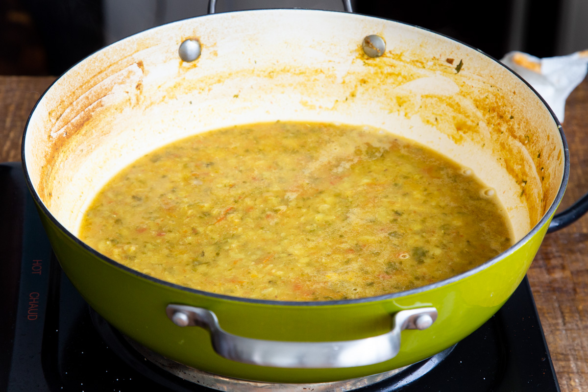 chataka dal simmering in a sauteeing pan