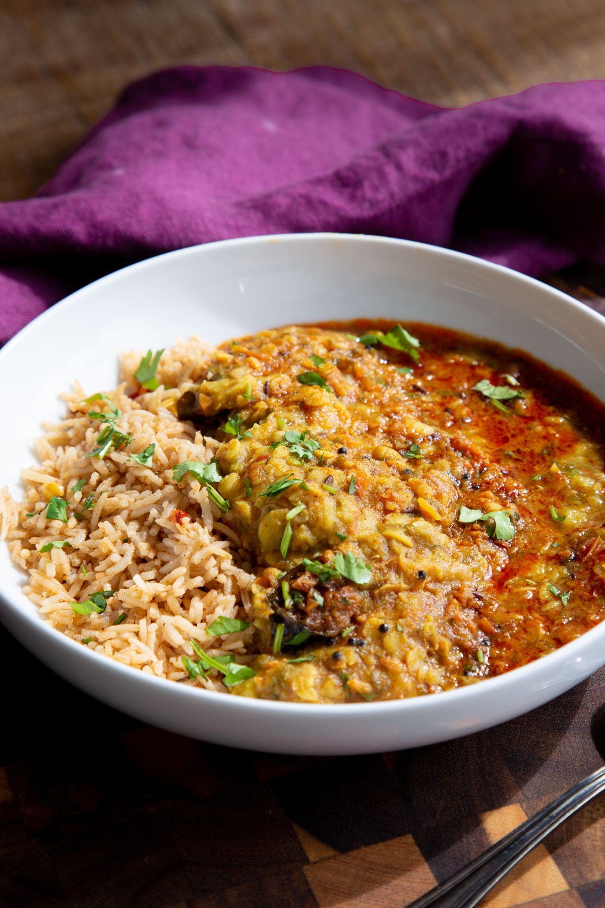 a serving of chataka dal served with brown rice