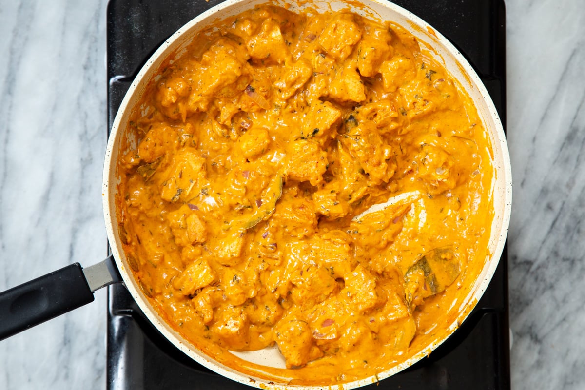 overhead shot of a pan with creamy lasooni tofu curry